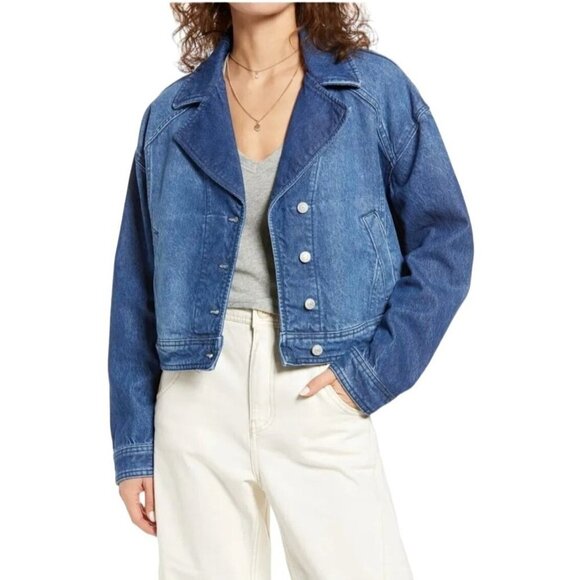 Free People Tailored Denim Jacket Blue Cropped Oversized Slouch Fit Size Small - Picture 1 of 10